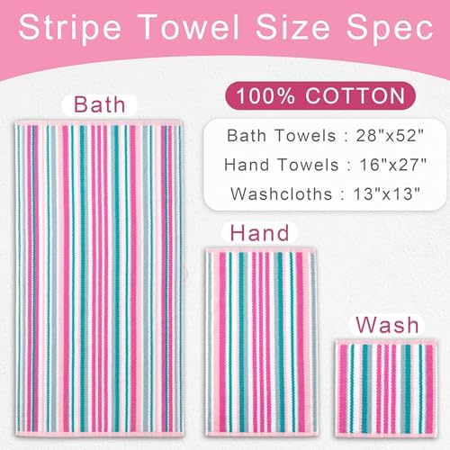 VOOVA & MOVAS Striped Towels 6 Pack, 100% Cotton, Pink Aqua
