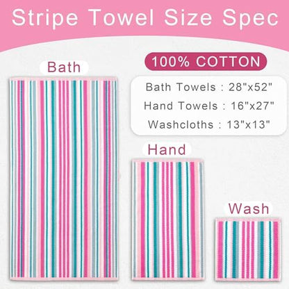 VOOVA & MOVAS Striped Towels 6 Pack, 100% Cotton, Pink Aqua