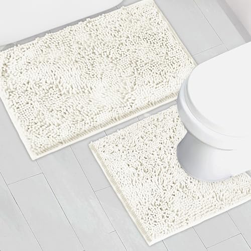 Bathroom Rugs Chenille Bath mat 2 Piece Set, Super Absorbent, Strong PVC Non Slip Backing, Bath mats for Bathroom, Plush Shaggy, Thick, Machine Washable, Bathtub, Shower, Toilet.(White)