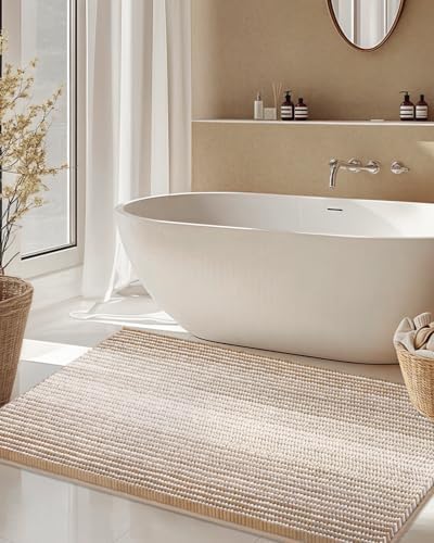 BSICPRO Large Chenille Bathroom Rugs, 24x43 Boho Bath Mats, Beige