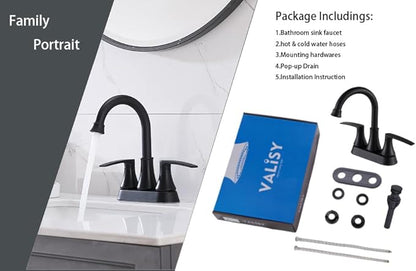 Lead-Free Matte Black Bathroom Sink Faucet, 2 Handle 4 Inch Centerset Faucet, Modern 360° Swivel High-Arc Spout Bath Lavatory Vanity Faucets for Sinks with Drain & Water Hoses, VALZST049B