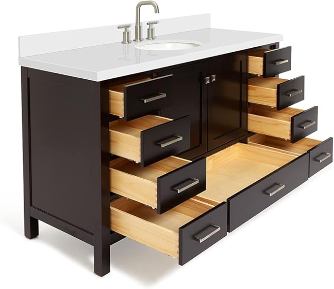 ARIEL Cambridge 60-inch Bathroom Vanity with Sink,Solid Wood, 1.5-inch Pure White Quartz Countertop & Backsplash, Single Oval Porcelain Sink, 2 Soft Closing Doors, 9 Dovetail Drawers, Espresso