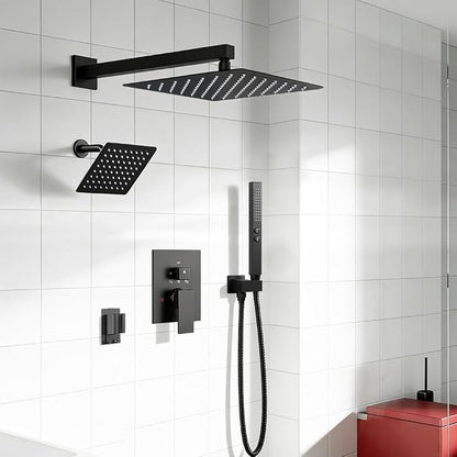 Shower Faucet Sets Rainfall Shower System, 12'' and 6'' Wall Mount Dual Shower Head, 2-in-1 Handheld Spray Gun, 5 Function Diverter with Pressure Balancing Valve Shower Set Matte Black