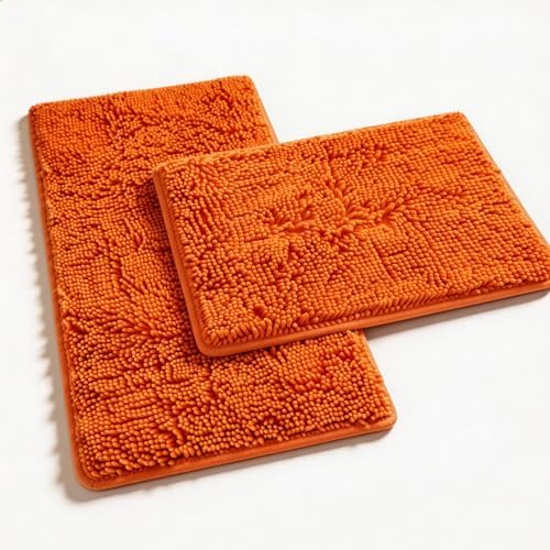 Orange Bathroom Rugs 2 Pieces Bright Orange Bath Rugs Fall Shower Rugs with Small Rug Contour Toilet Mat Absorbent Chenille Plush Bath Mats Non Slip Bath Rugs Bathroom Floor Mats Bath Mat Set