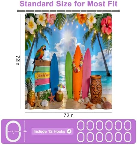 Summer Hawaiian Waterproof Shower Curtain with Hooks, Tropical Hawaiian Beach Shower Curtain with Weighted Bottom & Metal Grommets, Machine Washable Coastal Shower Curtains for Bathroom, 72"W x 72"L