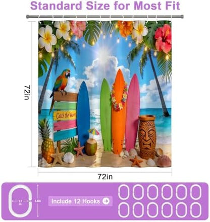 Summer Hawaiian Waterproof Shower Curtain with Hooks, Tropical Hawaiian Beach Shower Curtain with Weighted Bottom & Metal Grommets, Machine Washable Coastal Shower Curtains for Bathroom, 72"W x 72"L