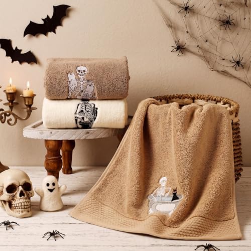 FuWeave 3 Pcs Brown Halloween Skull Hand Towels for Bathroom