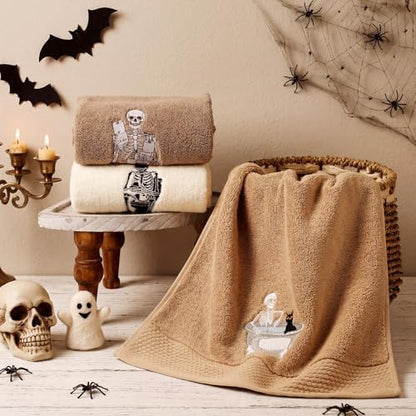 FuWeave 3 Pcs Brown Halloween Skull Hand Towels for Bathroom