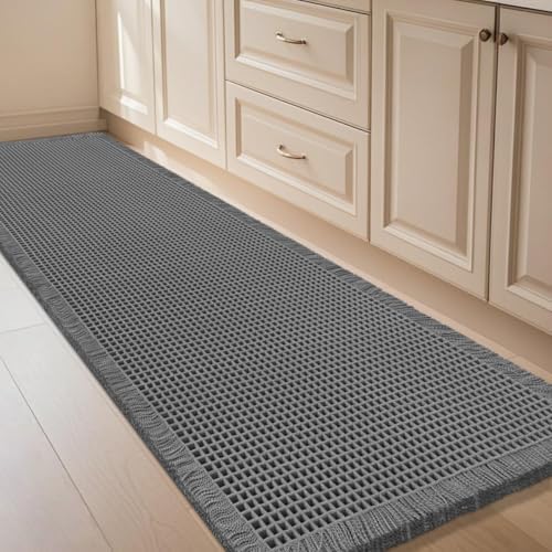 IM HOME Waffle Bath Mat Grey 5'x2', Boho Woven Modern Bath Mat Rugs, Absorbent Non Slip Bathroom Rugs, Soft Washable Bath Rugs with Tassels for Bathroom, Bedroom, Kitchen, Shower, Tub
