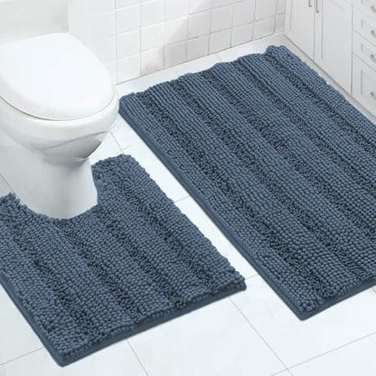 2-Piece Bathroom Rug Set with U-Shaped Mat, Absorbent Chenille, Blue Indigo