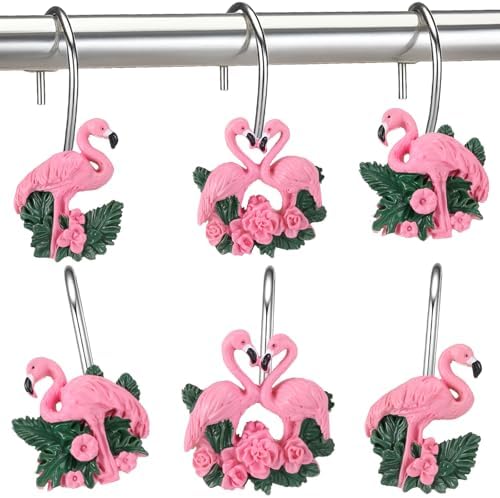 Amyhill 12 Pcs Flamingo Shower Curtain Hooks Decorative Shower Curtain Rings Stainless Steel Resin Sea Theme Bathroom Decor Suitable for Home Bedroom