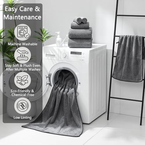 Ycosy 18 Piece Bath Towels Set,100% Microfiber Family Bathroom Towel with Hanging Loops-6 Bath Towels,6 Hand Towels,6 Washcloths,Quick Dry Highly Absorbent Shower Towel for Bathroom,Hotel,Spa-Black