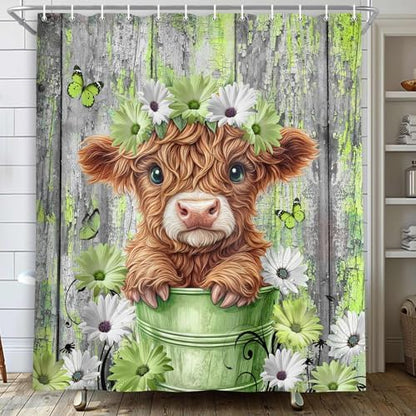 Farmhouse Flower Floral Shower Curtain, Rustic Funny Highland Cow Daisy Shower Curtain Set, Country Wild Garden Plant Fabric, Brown Wooden Board Bathroom Accessories Curtains with Hooks 70X75in
