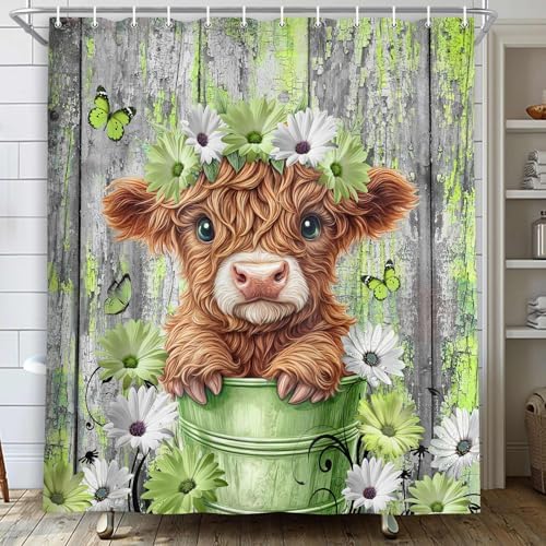 Farmhouse Flower Floral Shower Curtain, Rustic Funny Highland Cow Daisy Shower Curtain Set, Country Wild Garden Plant Fabric, Brown Wooden Board Bathroom Accessories Curtains with Hooks 70X70in