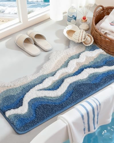 DEXI Cute Bath Mat, Sea Ocean Wave Bathroom Rugs, 34x21 Blue