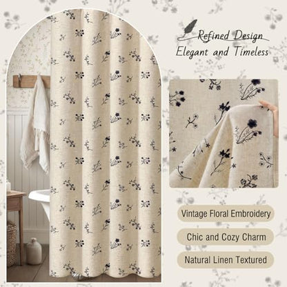 Black Floral Vintage Linen Shower Curtain Embroidered Textured 72Wx72H