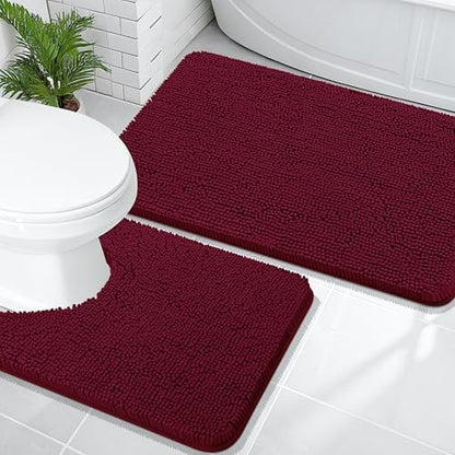 OLANLY Chenille Bathroom Rugs Mats Sets 2 Piece, 36"x24"+24"x20", Burgundy