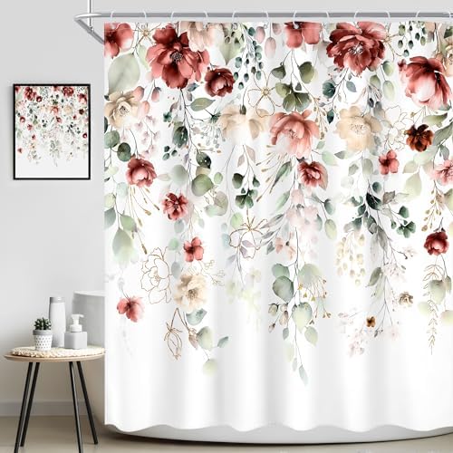 Red Floral Burgundy Rustic Watercolor Plant Bathroom Shower Curtain Set