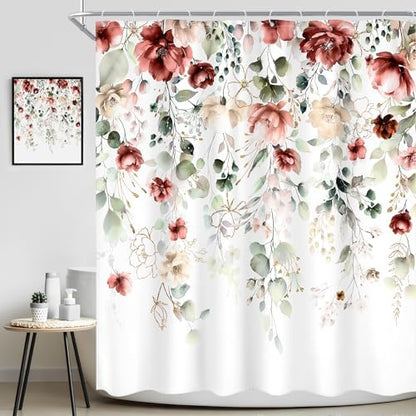 Red Floral Burgundy Rustic Watercolor Plant Bathroom Shower Curtain Set