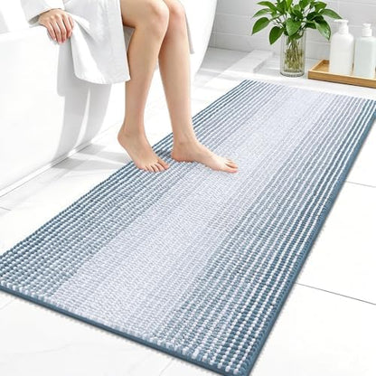 OLANLY Bathroom Runner Rugs 44x24, Chenille Striped Bath Rugs, Airy Blue