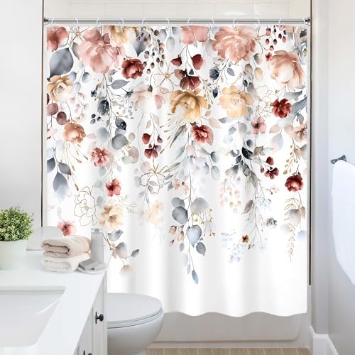 Floral Coral Pink Colorful Blue Eucalyptus Bathroom Shower Curtain Set