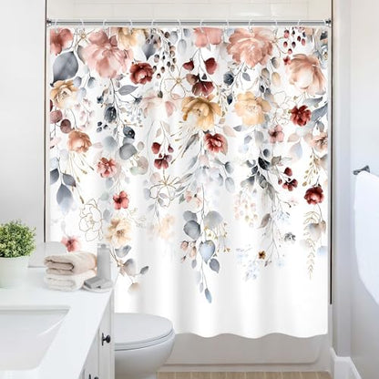 Floral Coral Pink Colorful Blue Eucalyptus Bathroom Shower Curtain Set