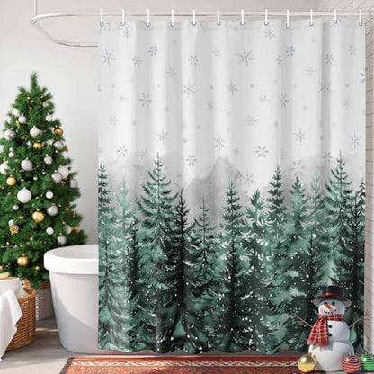 Shower Curtain Bathroom Set Christmas Tree Forest Gradient Green Waterproof Shower Curtains with Grommets Hooks Winter Snowflakes Gray Privacy Bath Curtain for Bathtub Decor 60x72in