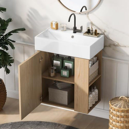 BNSPLY 22 Inch Floating Bathroom Vanity with Sink, Wall Mounted Bathroom Vanity Cabinet with Ceramic Sink, Modern Single Basin Vanities, Small Restroom Basin Cabinet with Right Side Storage, Wood