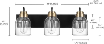Globe Electric 63000200 22" 3-Light Vanity Light, Matte Black, Matte Brass Accents, Glass Shades, Beauty Room Accessories, Lights for Bathroom, Powder Room Lighting, Bathroom Lights Over Mirror