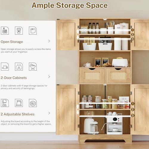 TEENFON 57.8" H Tall Storage Cabinet with 2 Drawers & 2 Adjustable Shelves, Rattan Cabinets with 4 Doors, Cupboard, Kitchen Cabinets, Pantry Cabinet, Tall Cabinet for Living Room, Entryway, Natural