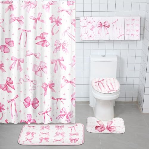 FuWeave 8 Pcs Pink Shower Curtain Sets for Bathroom Decor Cute Coquette Bathroom Accessories Bow Knot Aesthetic Girly Shower Curtain Sets with Towels Carpet Bath Mat Toilet Rugs and 12 Hooks