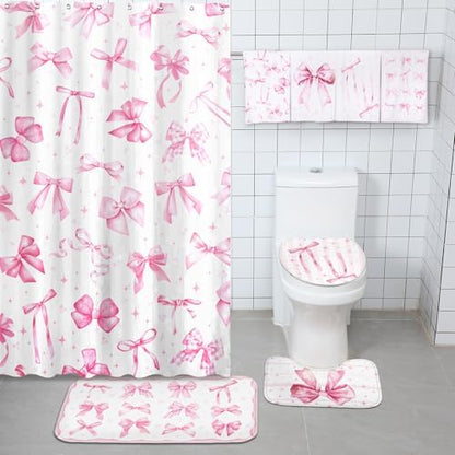 FuWeave 8 Pcs Pink Shower Curtain Sets for Bathroom Decor Cute Coquette Bathroom Accessories Bow Knot Aesthetic Girly Shower Curtain Sets with Towels Carpet Bath Mat Toilet Rugs and 12 Hooks