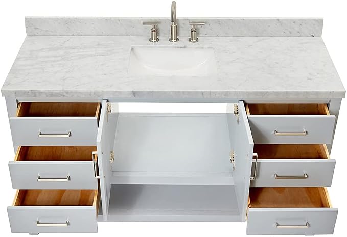Olivia 60-Inch Grey Bathroom Vanity with Sink, 1.5" Edge Italian Carrara Marble Countertop & Backsplash, Rectangular Undermount Sink, 2 Soft Closing Doors, 6 Dovetail Drawers, Brushed Nickel