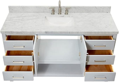Olivia 60-Inch Grey Bathroom Vanity with Sink, 1.5" Edge Italian Carrara Marble Countertop & Backsplash, Rectangular Undermount Sink, 2 Soft Closing Doors, 6 Dovetail Drawers, Brushed Nickel