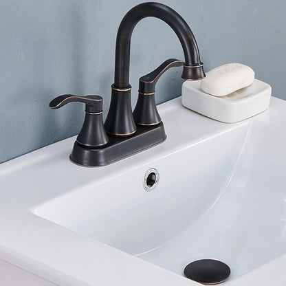 Lead-Free Antique 2 Handle Oil Rubbed Bronze Bathroom Sink Faucet, 360° Swivel High-Arc Spout 4-Inch Centerset Lavatory Vanity Faucets Set with Drain & Water Hoses, VABM10003H