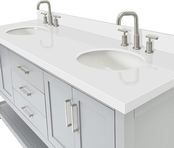 ARIEL Magnolia 72-inch Bathroom Vanity with Sink,Solid Wood, 1.5-inch Pure White Quartz Countertop & Backsplash, Double Oval Porcelain Sink, 4 Soft Closing Doors, 3 Dovetail Drawers, Grey