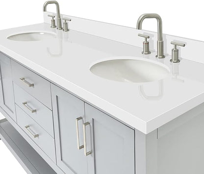 ARIEL Magnolia 72-inch Bathroom Vanity with Sink,Solid Wood, 1.5-inch Pure White Quartz Countertop & Backsplash, Double Oval Porcelain Sink, 4 Soft Closing Doors, 3 Dovetail Drawers, Grey