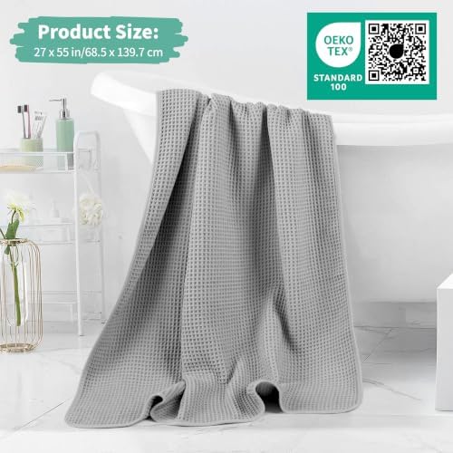 Microfiber Waffle Bath Towels, 4 Pieces, Soft, Absorbent, Fast Drying, Lint Free 430 GSM (27''x55''/68.58 cm x139.7 cm) (Silver+Dark Blue)