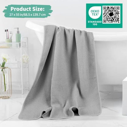 Microfiber Waffle Bath Towels, 4 Pieces, Soft, Absorbent, Fast Drying, Lint Free 430 GSM (27''x55''/68.58 cm x139.7 cm) (Silver+Dark Blue)