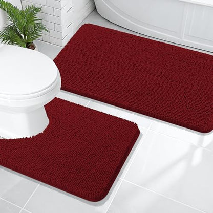 OLANLY Chenille Bathroom Rugs Mats Sets 2 Piece, 47"x20"+24"x20", Red