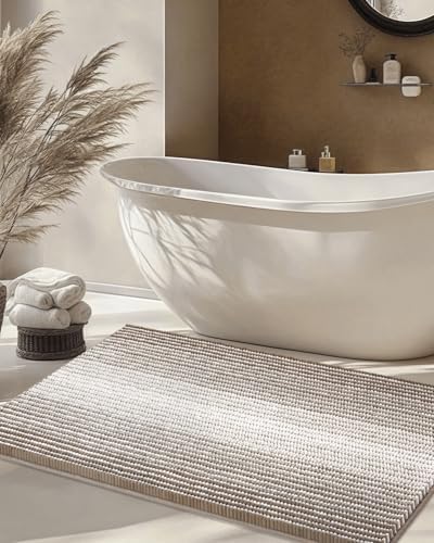 BSICPRO Large Chenille Bathroom Rugs, 24x43 Striped Bath Mats, Light Taupe