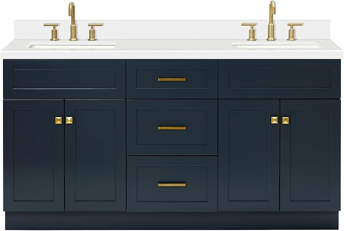 ARIEL Hamlet 66-inch Bathroom Vanity with Sink,Solid Wood, 1.5-inch Pure White Quartz Countertop, Double Rectangular Porcelain Sink, 4 Soft Closing Doors, 3 Dovetail Drawers, Midnight Blue