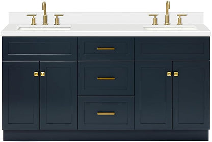 ARIEL Hamlet 66-inch Bathroom Vanity with Sink,Solid Wood, 1.5-inch Pure White Quartz Countertop, Double Rectangular Porcelain Sink, 4 Soft Closing Doors, 3 Dovetail Drawers, Midnight Blue