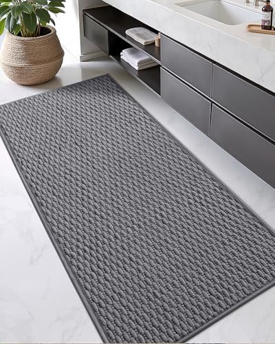 Color&Geometry 17"x47" Chenille Boho Bathroom Rug with Rubber Backing,Dark Grey