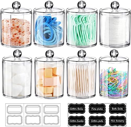 SheeChung 8 Pack Acrylic Qtip Holder with Labels, Qtip Jars for Bathroom