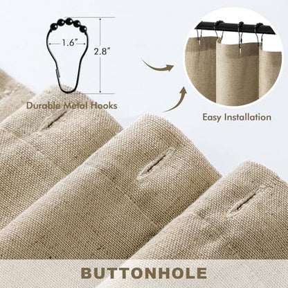 MIULEE W72*L96 Extra Long Linen Shower Curtain Khaki 12 Metal Hooks