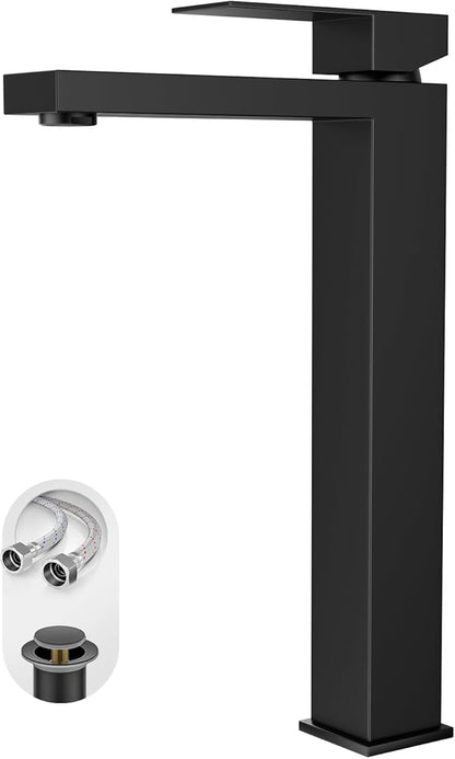 Black Tall Bathroom Faucet Vessel Sink Faucet Single Hole Bathroom Vessel Sink Faucet Single Handle with Water Supply Hose Above countertop Sink and Pop Up Sink Drain,BF3530P-MB-V
