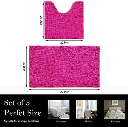 Bathroom Rugs Chenille Bath mat 2 Piece Set, Super Absorbent, Strong PVC Non Slip Backing, Bath mats for Bathroom, Plush Shaggy, Thick, Machine Washable, Bathtub, Toilet.(Hot Pink)