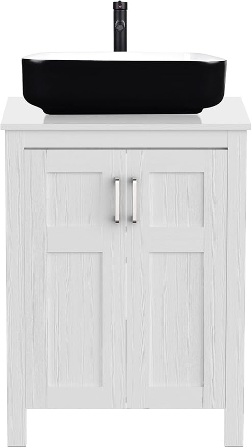 YOURLITE 24" Bathroom Vanity with Sink, White Bathroom Vanity and Sink Combo with Faucet & Pop Up Drain Set,Traditional Vanity with with White & Black Ceramic Sink