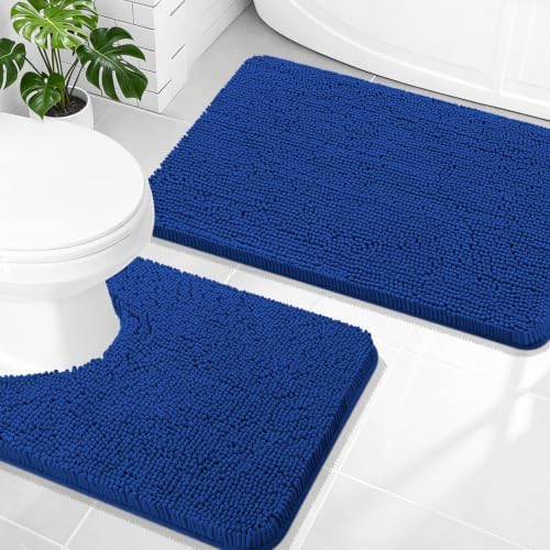 OLANLY Chenille Bathroom Rugs Mats Set 2 Piece, 30"x20"+24"x20", Royal Blue